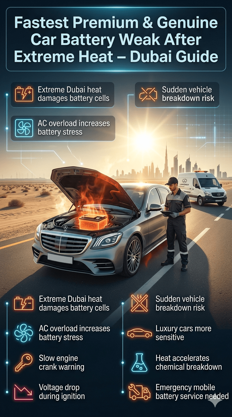 Luxury Dubai roadside assistance scene showing a premium car battery failure caused by extreme heat, with infographic style safety and maintenance tips displayed around the vehicle.