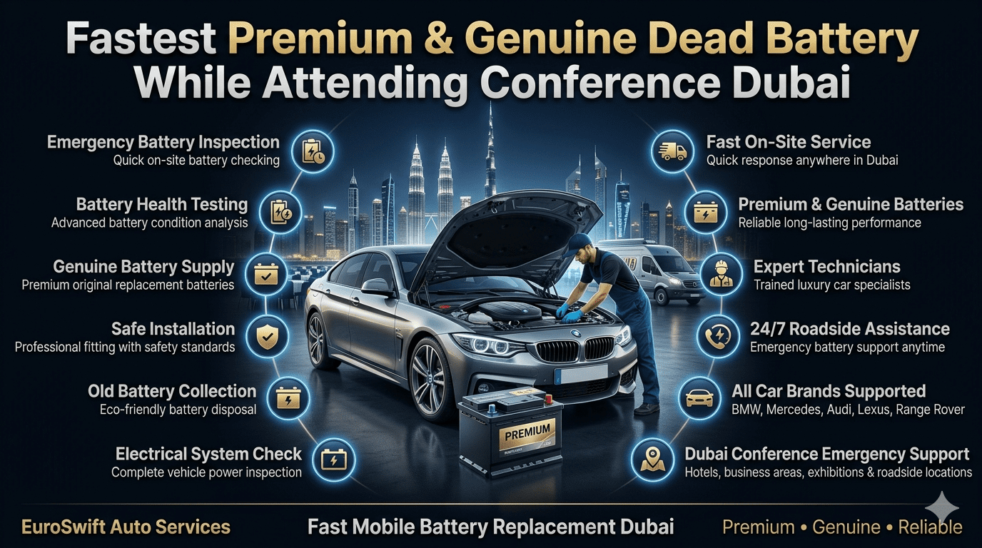 Fastest premium and genuine dead battery replacement service in Dubai during conference emergencies showing luxury car battery assistance, technician, genuine battery installation, and roadside support.