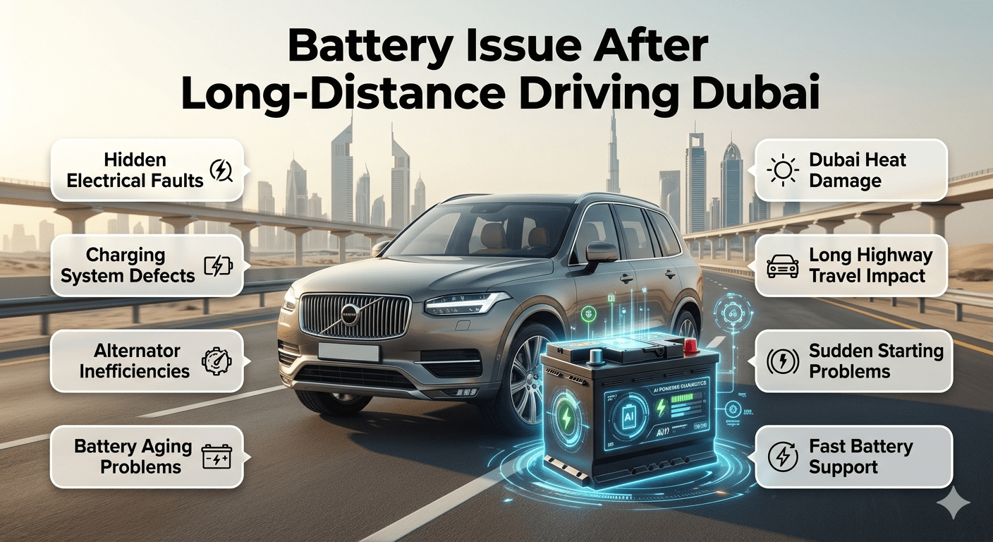 Battery issue after long-distance driving in Dubai infographic showing a luxury vehicle, genuine battery, heat-related battery damage, charging system defects, alternator problems, and roadside battery support solutions.