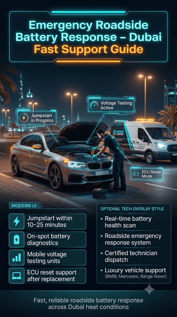 Emergency Roadside Battery Response – Dubai Fast Support Guide Luxury roadside emergency battery service in Dubai showing technician jumpstarting a premium car with diagnostic UI overlays and mobile support system.