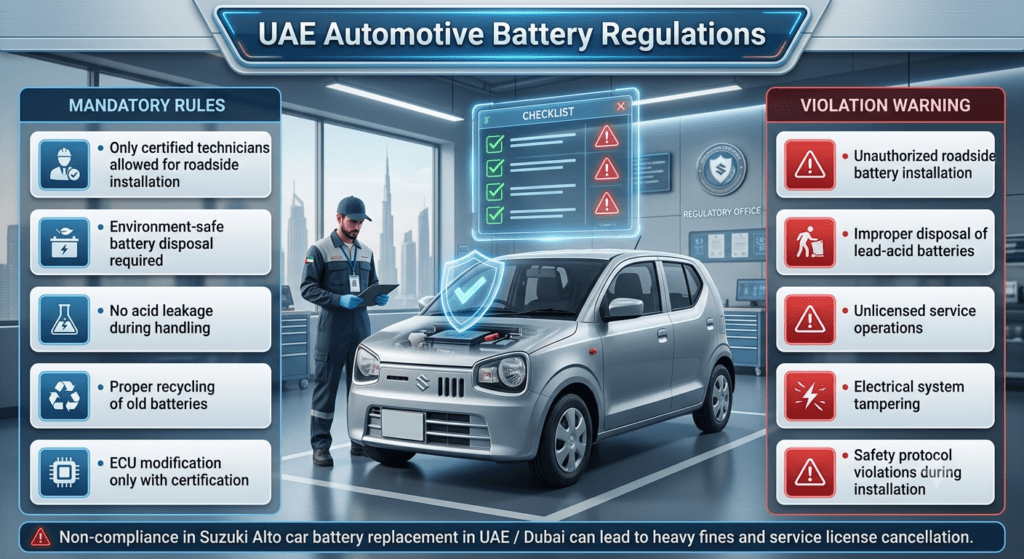 UAE Battery Replacement Regulations – Suzuki Alto Compliance Guide Suzuki Alto battery replacement UAE regulations infographic showing mandatory rules, violations and compliance requirements in automotive service workshops.