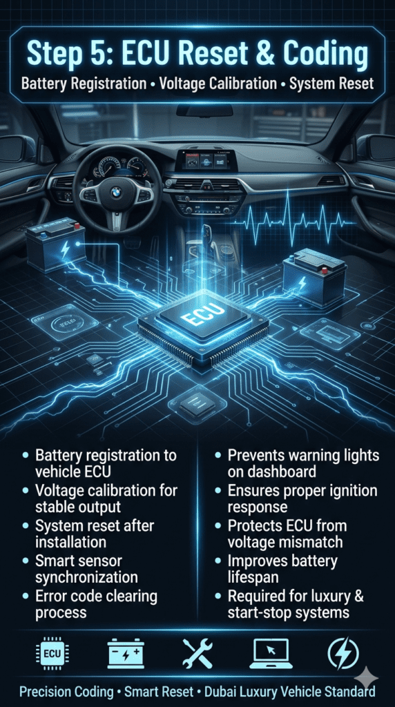 Automotive infographic showing ECU reset and battery coding process including battery registration, voltage calibration, and system reset for modern luxury vehicles in Dubai.