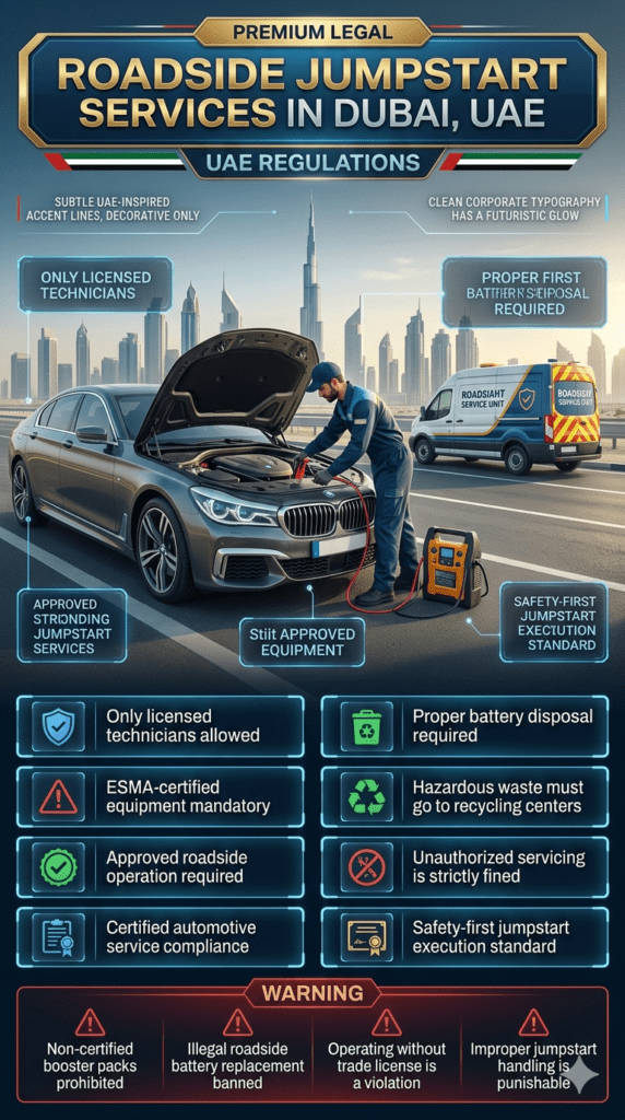 Professional roadside jumpstart compliance infographic in Dubai showing certified technician service, ESMA-approved equipment, legal requirements, environmental recycling rules, and violation warnings for unauthorized battery jumpstart operations.