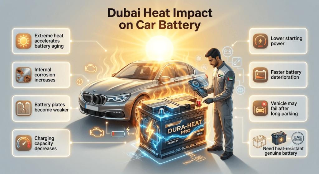 Dubai Heat Impact on Car Battery – Battery Failure Prevention Guide Dubai heat impact on car battery showing battery aging, corrosion, reduced charging power, and professional battery replacement guidance.