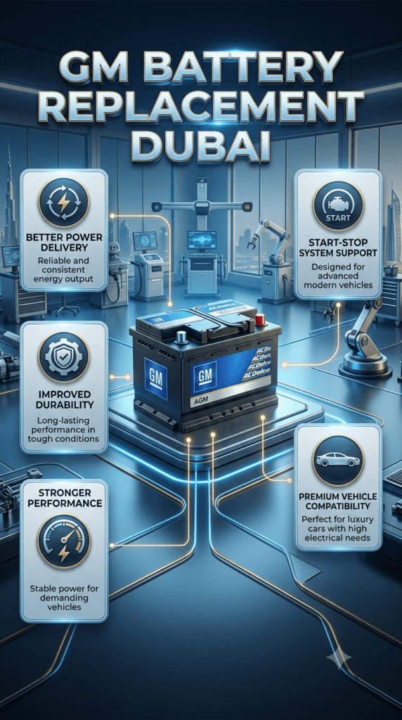 GM Battery Replacement Dubai β Premium AGM Battery Service GM Battery Replacement Dubai AGM battery service infographic showing premium battery performance, durability, power delivery, and start-stop vehicle support.