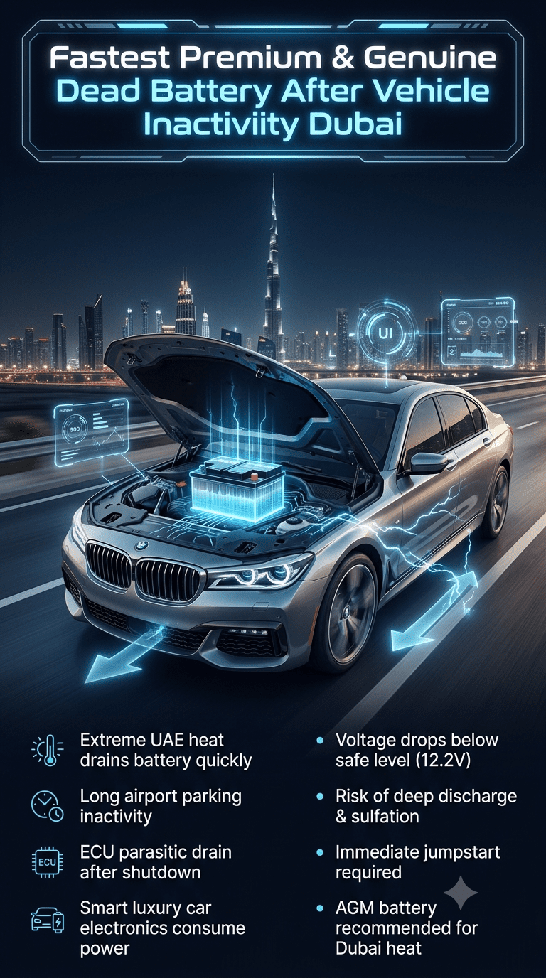 Luxury automotive infographic showing dead battery after vehicle inactivity in Dubai, featuring a premium car with glowing battery, Dubai skyline background, and diagnostic bullet points explaining heat, ECU drain, and voltage loss.