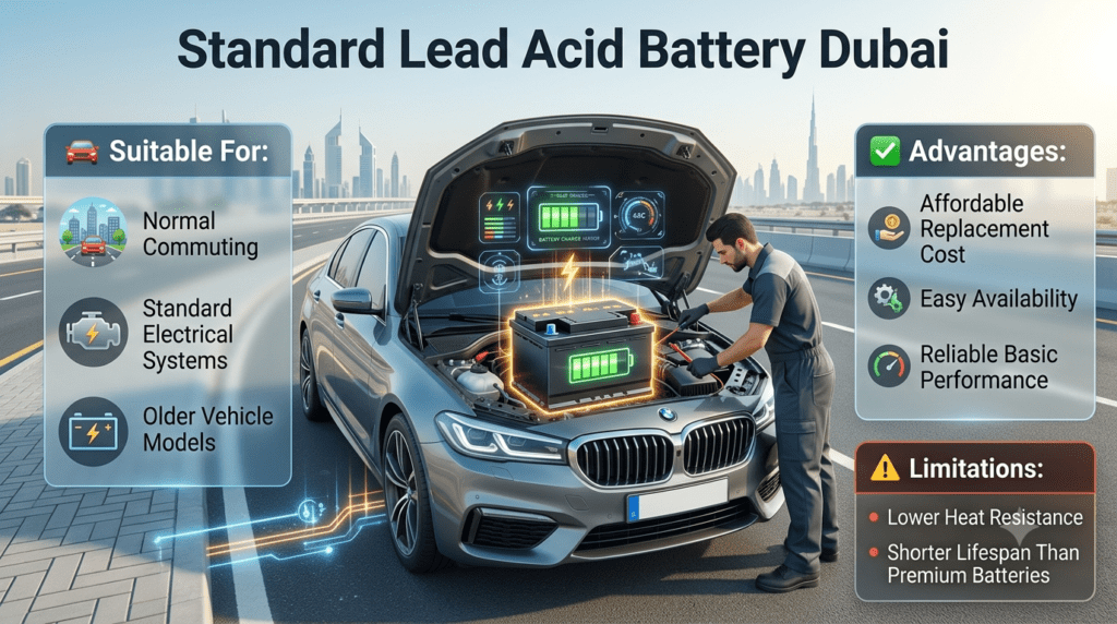 Standard lead acid car battery Dubai showing traditional vehicle battery technology, suitable vehicles, advantages, and limitations