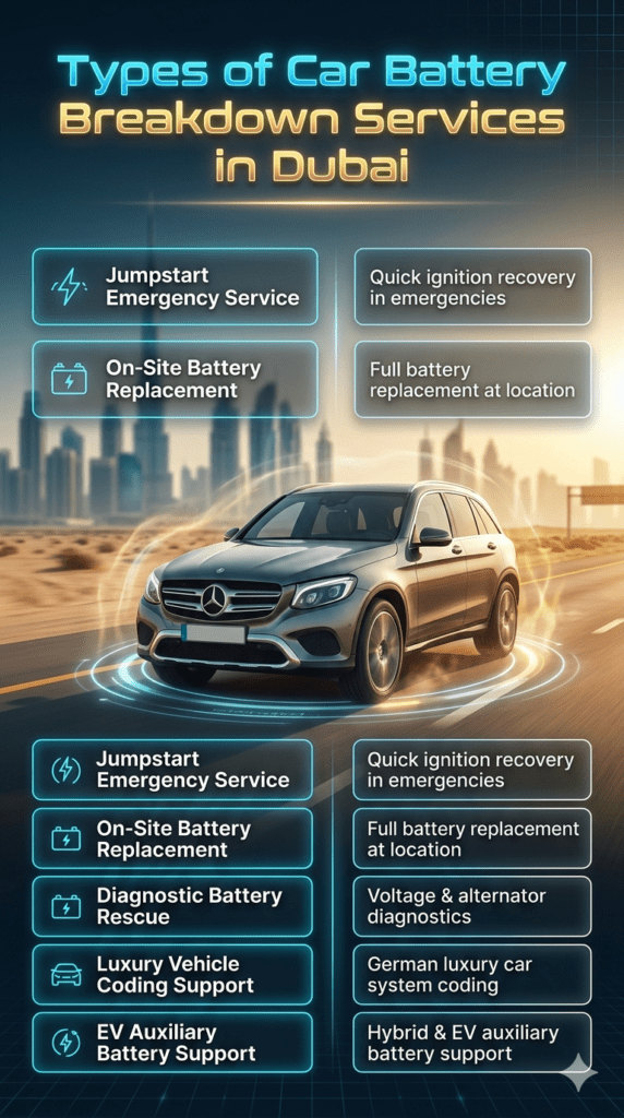 Infographic showing types of car battery breakdown services in Dubai including jumpstart, on-site replacement, diagnostics, luxury coding support, and EV battery assistance under extreme heat conditions.