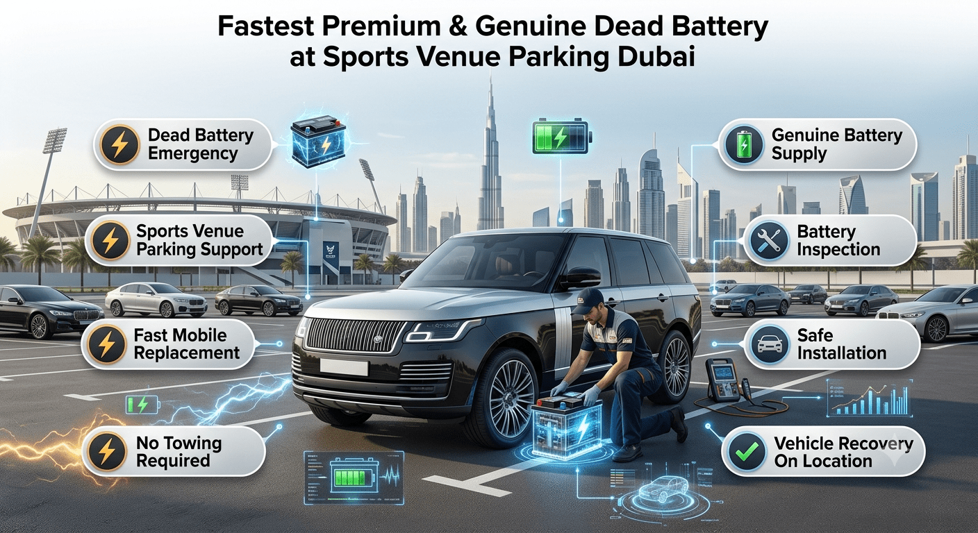 Fastest premium genuine dead car battery replacement service at sports venue parking Dubai with mobile technician and luxury vehicle
