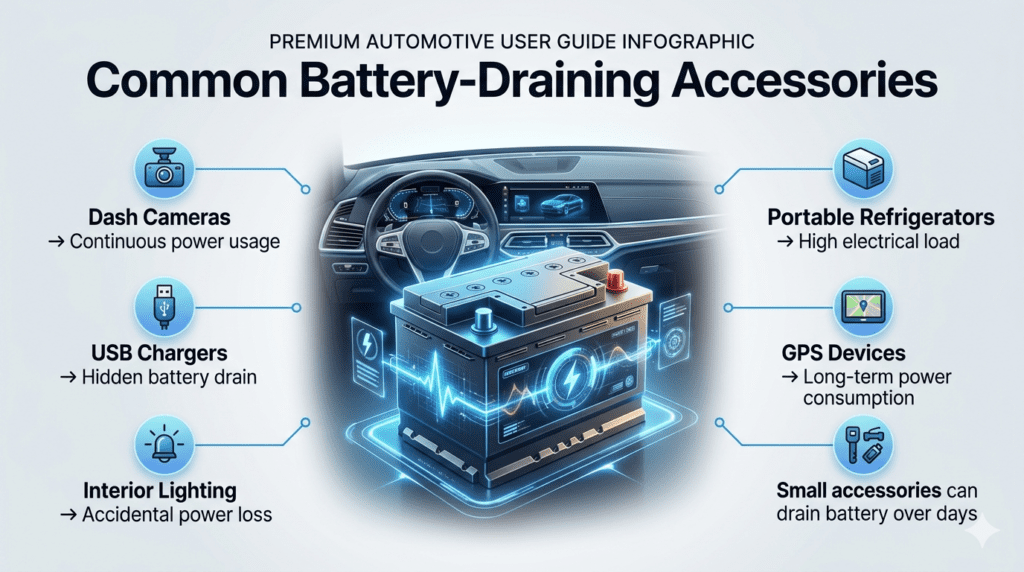 Common battery-draining accessories infographic showing dash camera, USB charger, interior lights, portable refrigerator, GPS device and their impact on car battery life.