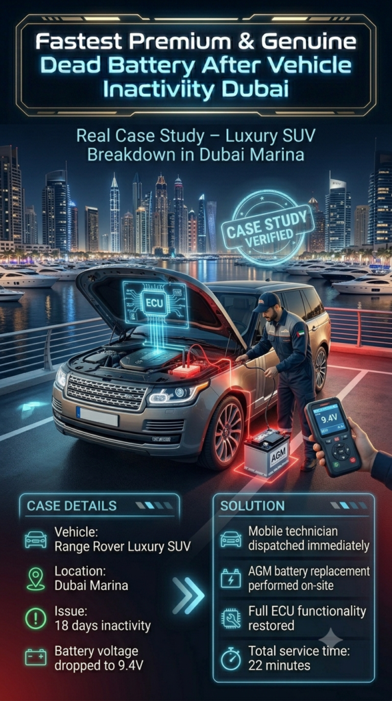 Fastest Premium & Genuine Dead Battery After Vehicle Inactivity Dubai โ Case Study Dubai Marina SUV Luxury automotive case study infographic showing Range Rover battery failure in Dubai Marina after 18 days inactivity, technician replacing AGM battery, ECU restoration, and voltage drop to 9.4V.