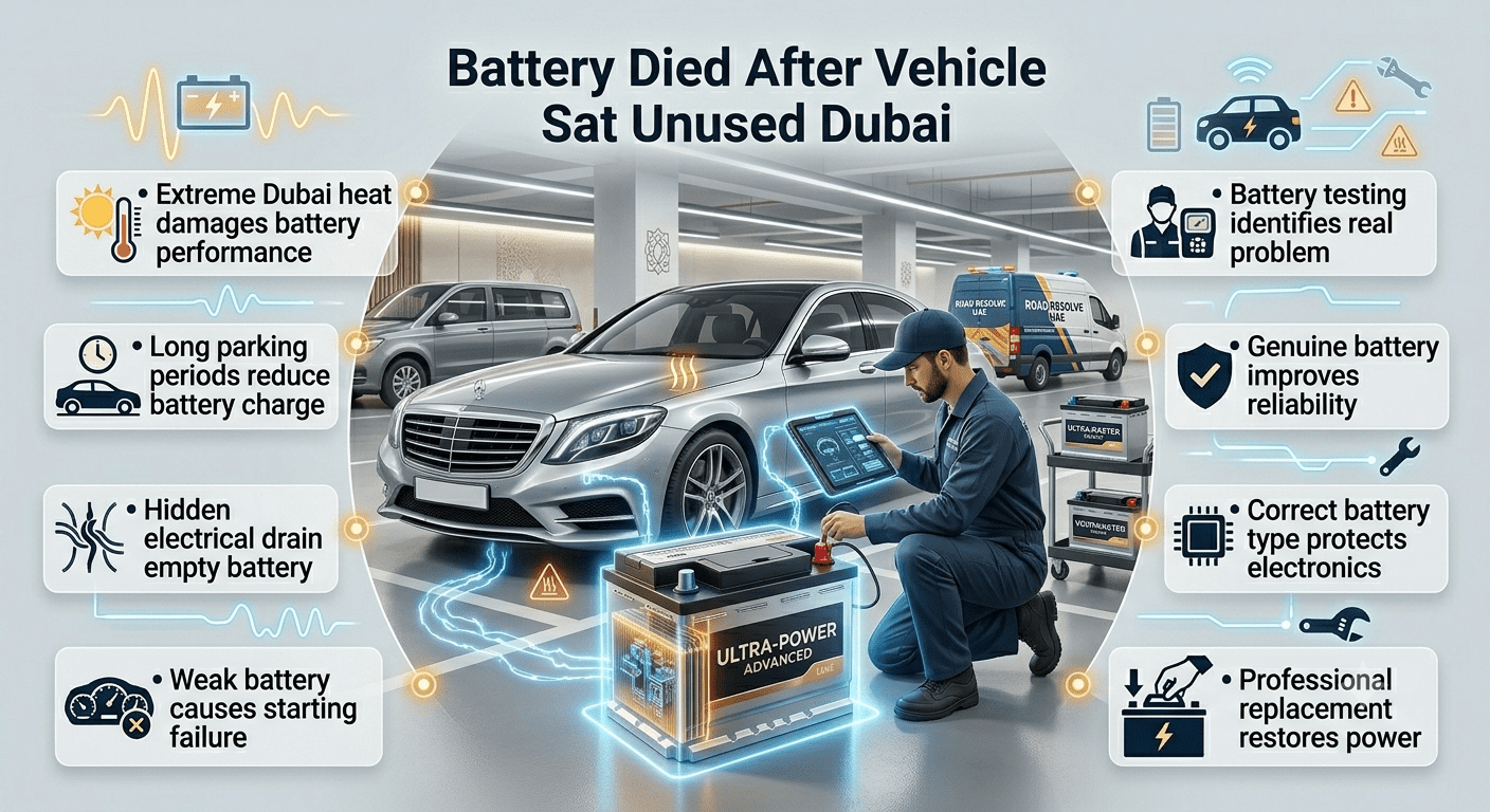 Fastest premium genuine car battery replacement Dubai guide showing battery failure after vehicle sits unused, heat impact, electrical drain, and professional battery service.