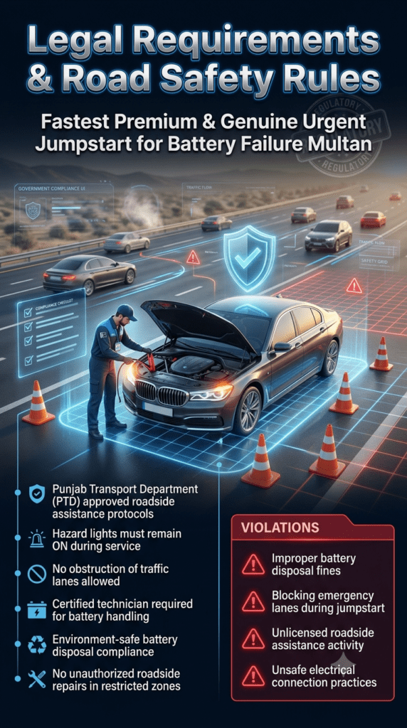 Legal Requirements & Road Safety Rules for Jumpstart Services in Dubai – UAE Compliance Guide Roadside safety compliance infographic in Dubai showing legal requirements and violations for jumpstart services, including RTA protocols, hazard lights, certified technician rules, and emergency lane safety guidelines.