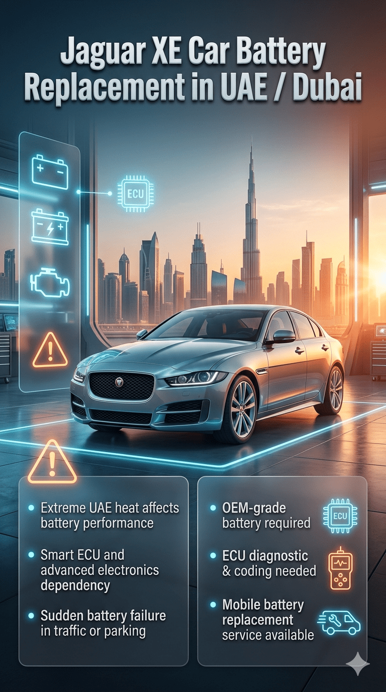 Premium infographic showing Jaguar XE Car Battery Replacement in UAE/Dubai with luxury car center visual, ECU diagnostics, battery failure causes, and OEM replacement service details in a futuristic automotive design layout.