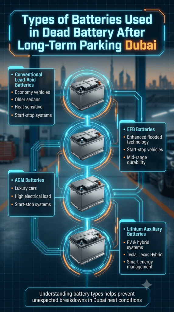 Types of Car Batteries Used in Dubai β AGM, EFB, Lead-Acid & Lithium Guide Premium infographic showing different car battery types used in Dubai including lead-acid, AGM, EFB, and lithium auxiliary batteries with futuristic automotive design.
