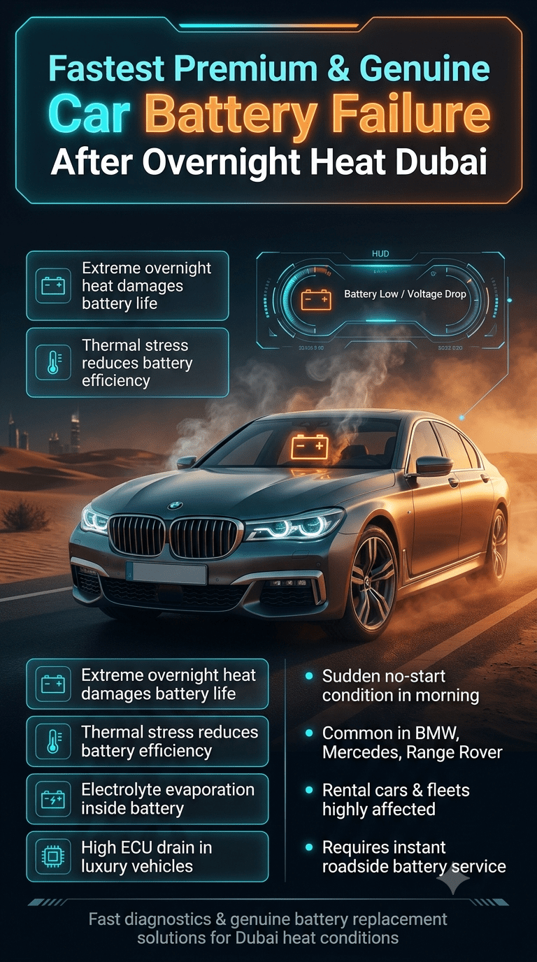 Luxury automotive infographic showing car battery failure after overnight heat in Dubai with warning dashboard, heatwave effects, and roadside service guidance.