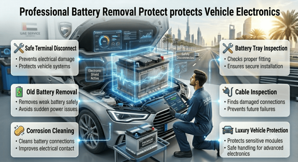 Safe Car Battery Removal & Replacement Dubai Guide Professional technician safely removing old car battery while checking terminals, battery tray, cables, and protecting vehicle electronics.
