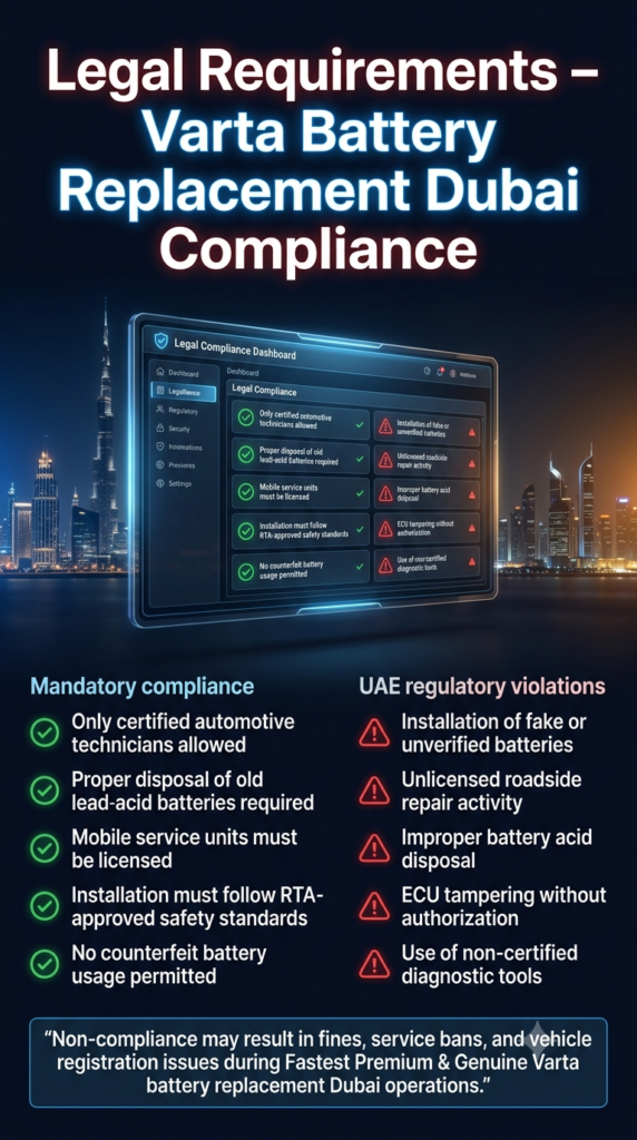 Futuristic legal compliance infographic showing mandatory rules and violations for Varta battery replacement in Dubai including certified technicians, licensed services, RTA standards, and regulatory penalties.
