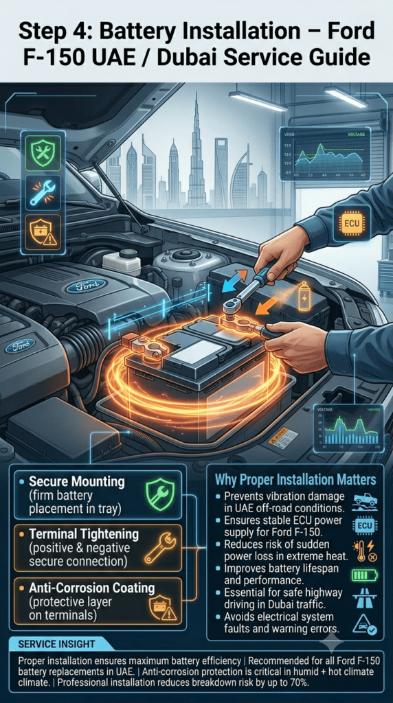 Step 4: Battery Installation – Ford F-150 Car Battery Replacement UAE Ford F-150 battery installation infographic showing secure mounting, terminal tightening, and anti-corrosion coating in a professional Dubai workshop environment.
