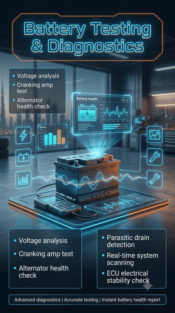Battery Testing & Diagnostics in Dubai β Advanced Car Battery Health Check Premium battery diagnostics infographic showing voltage analysis, cranking test, alternator health check, and parasitic drain detection in a futuristic Dubai automotive service environment.