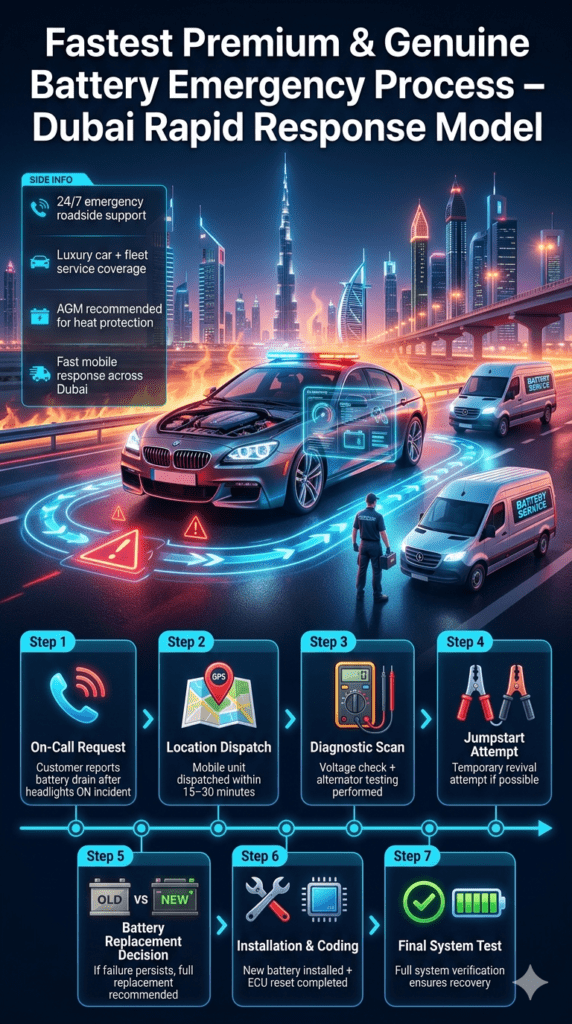 Dubai emergency battery service infographic showing step-by-step mobile response process from call to diagnosis, jumpstart, replacement, and final system test.