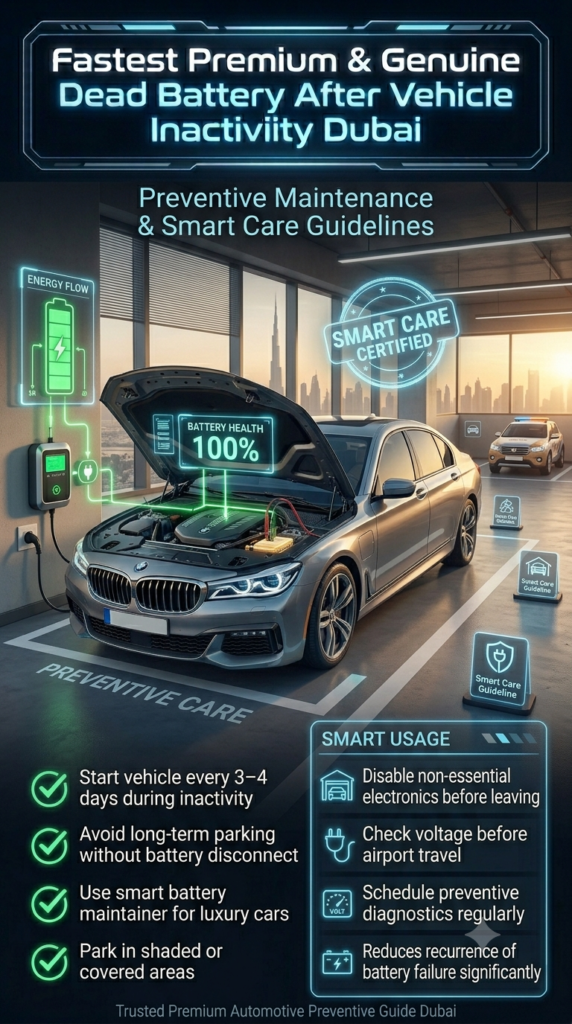 Fastest Premium & Genuine Dead Battery After Vehicle Inactivity Dubai โ Prevention & Maintenance Tips Luxury automotive preventive maintenance infographic showing tips to avoid dead battery after vehicle inactivity in Dubai, featuring a parked luxury car, battery maintainer, and smart care guidelines.