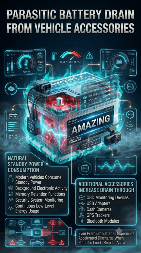 Professional automotive infographic showing parasitic battery drain caused by vehicle accessories, featuring a premium battery connected to OBD devices, USB adapters, dash cameras, GPS trackers, and Bluetooth modules with energy drain visualization in a futuristic automotive design.