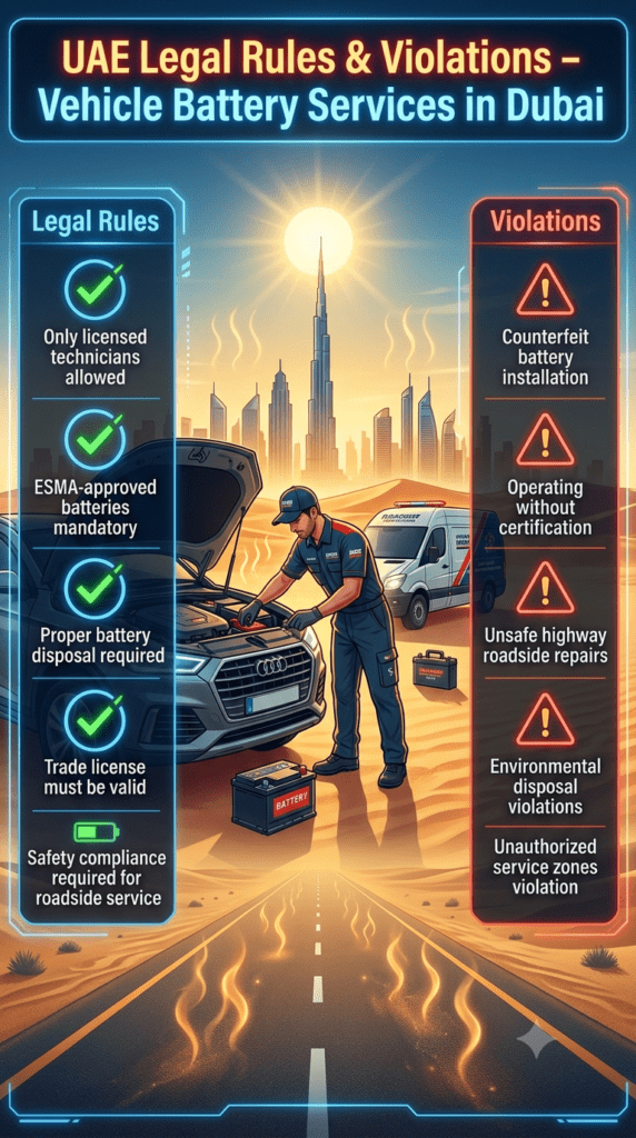 UAE Legal Rules & Violations β Vehicle Battery Service Compliance Guide (Dubai Heat Emergency Fix) Infographic showing UAE legal rules and violations for vehicle battery replacement services in Dubai, featuring technician, car battery service, and listed compliance points.