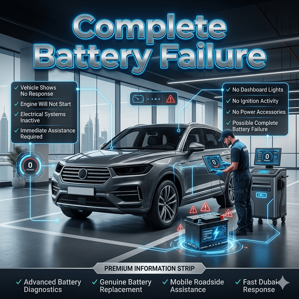 Luxury SUV with a completely dead battery in a Dubai parking area while a professional technician performs advanced battery diagnostics.