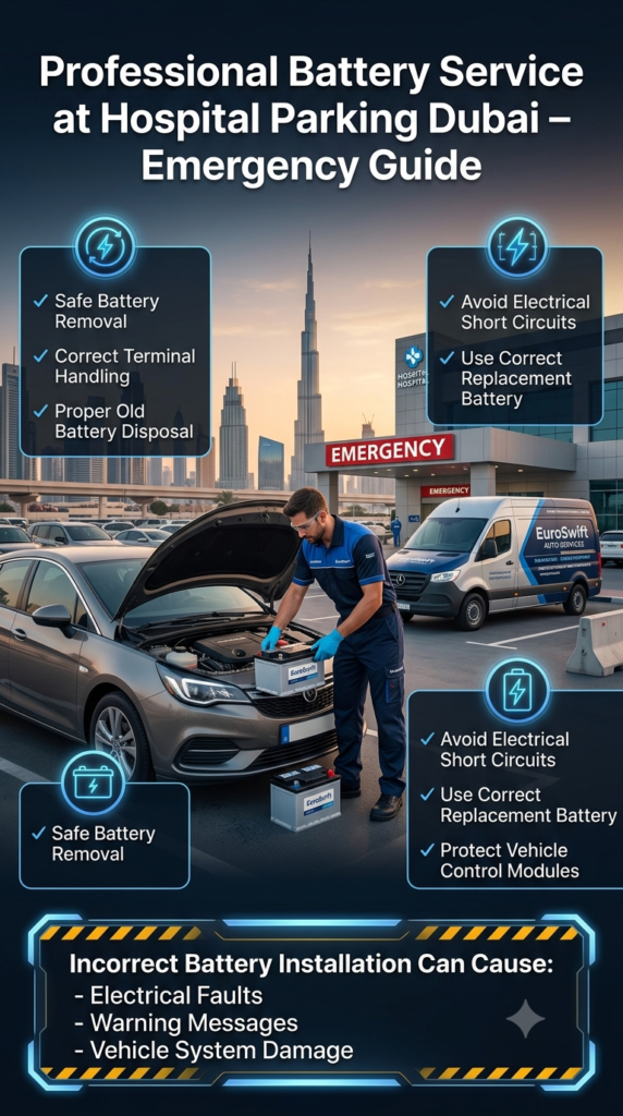 Professional car battery replacement emergency service guide in Dubai hospital parking showing safe battery handling, correct installation, and vehicle protection tips.