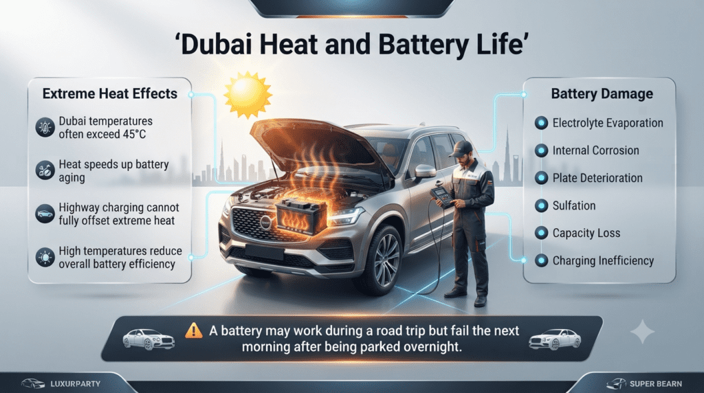 Dubai Heat and Battery Life Dubai heat and car battery life infographic showing how extreme summer temperatures accelerate battery deterioration through electrolyte evaporation, corrosion, sulfation, and capacity loss.