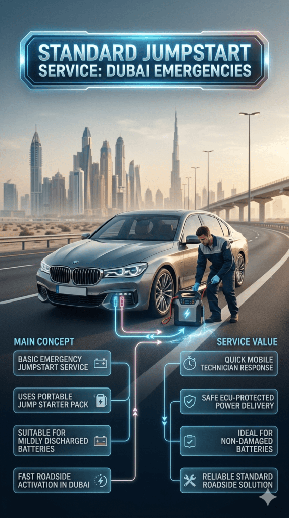 Technician performing a standard roadside jumpstart on a luxury car in Dubai using a portable jump starter pack, with infographic-style side notes explaining service process, safety, and battery boost concept.