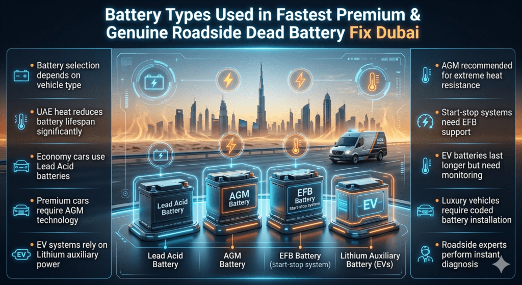 Comparison infographic showing different car battery types used in Dubai roadside assistance including Lead Acid, AGM, EFB, and Lithium batteries with lifespan and vehicle compatibility.
