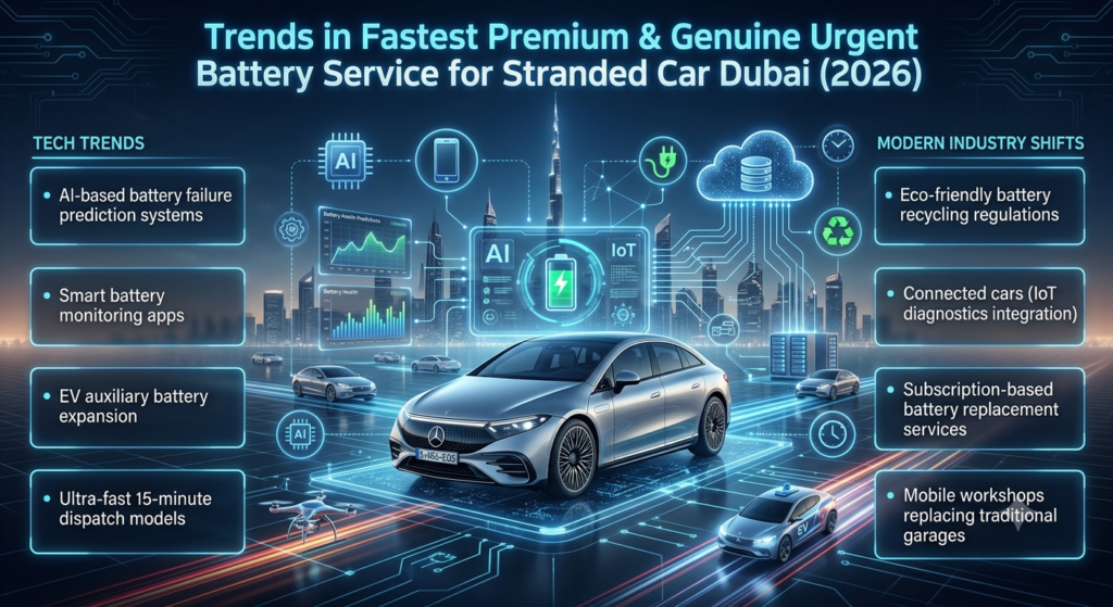 Futuristic infographic showing 2026 trends in Dubai emergency car battery services including AI prediction, IoT diagnostics, EV support, smart apps, and fast dispatch systems.