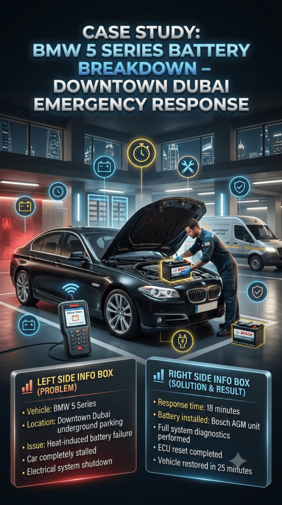 Premium automotive case study infographic showing BMW 5 Series battery breakdown in Downtown Dubai underground parking with fast emergency battery replacement and technician installing Bosch AGM battery.