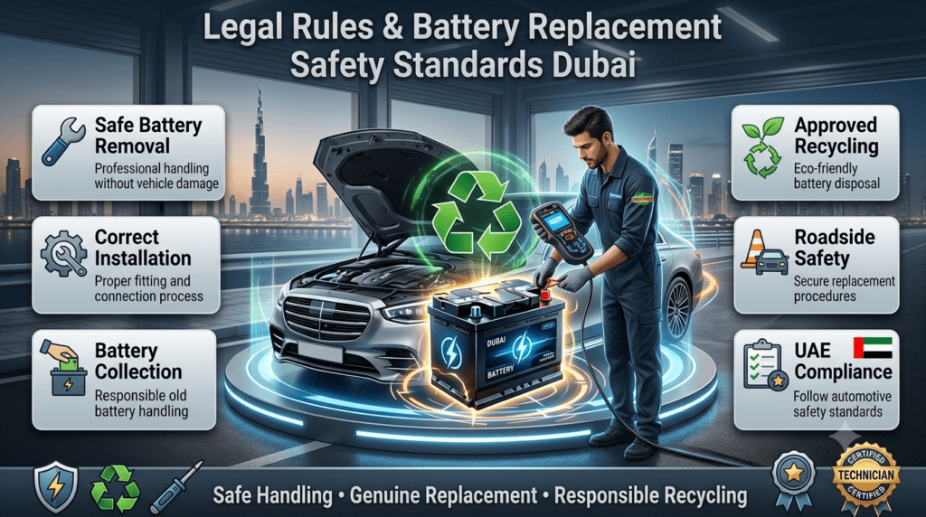 Legal Rules & Battery Replacement Safety Standards Dubai Legal battery replacement safety standards Dubai showing safe removal, installation, recycling, and UAE compliance procedures.