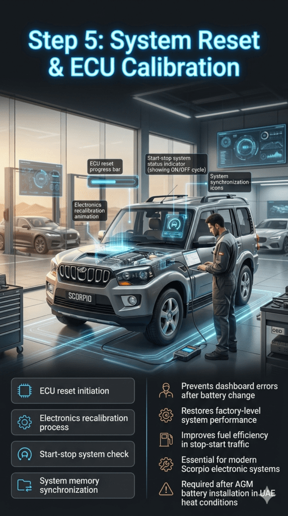 Infographic showing Mahindra Scorpio ECU reset process in UAE including electronics recalibration, system restart, and start-stop system check using diagnostic tools.