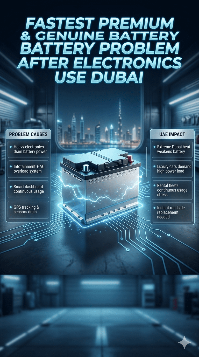 Premium infographic showing a luxury car battery in the center with glowing electric effects, surrounded by Dubai skyline background and side panels listing battery drain causes and UAE automotive challenges.