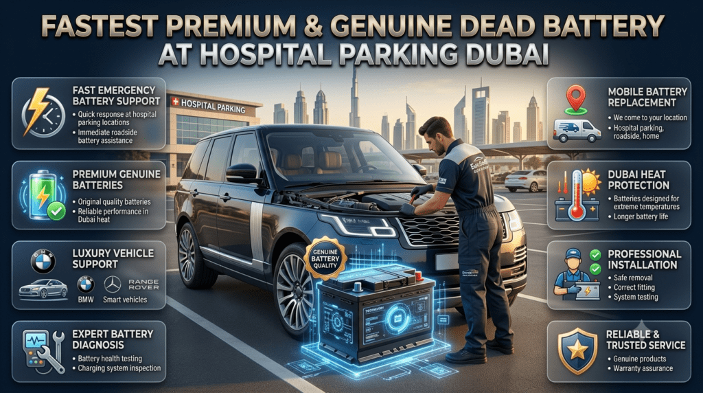 Fastest premium and genuine dead battery at hospital parking Dubai with mobile car battery replacement service, expert technician, and luxury vehicle support.