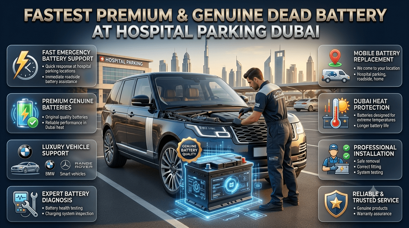Fastest premium and genuine dead battery at hospital parking Dubai with mobile car battery replacement service, expert technician, and luxury vehicle support.