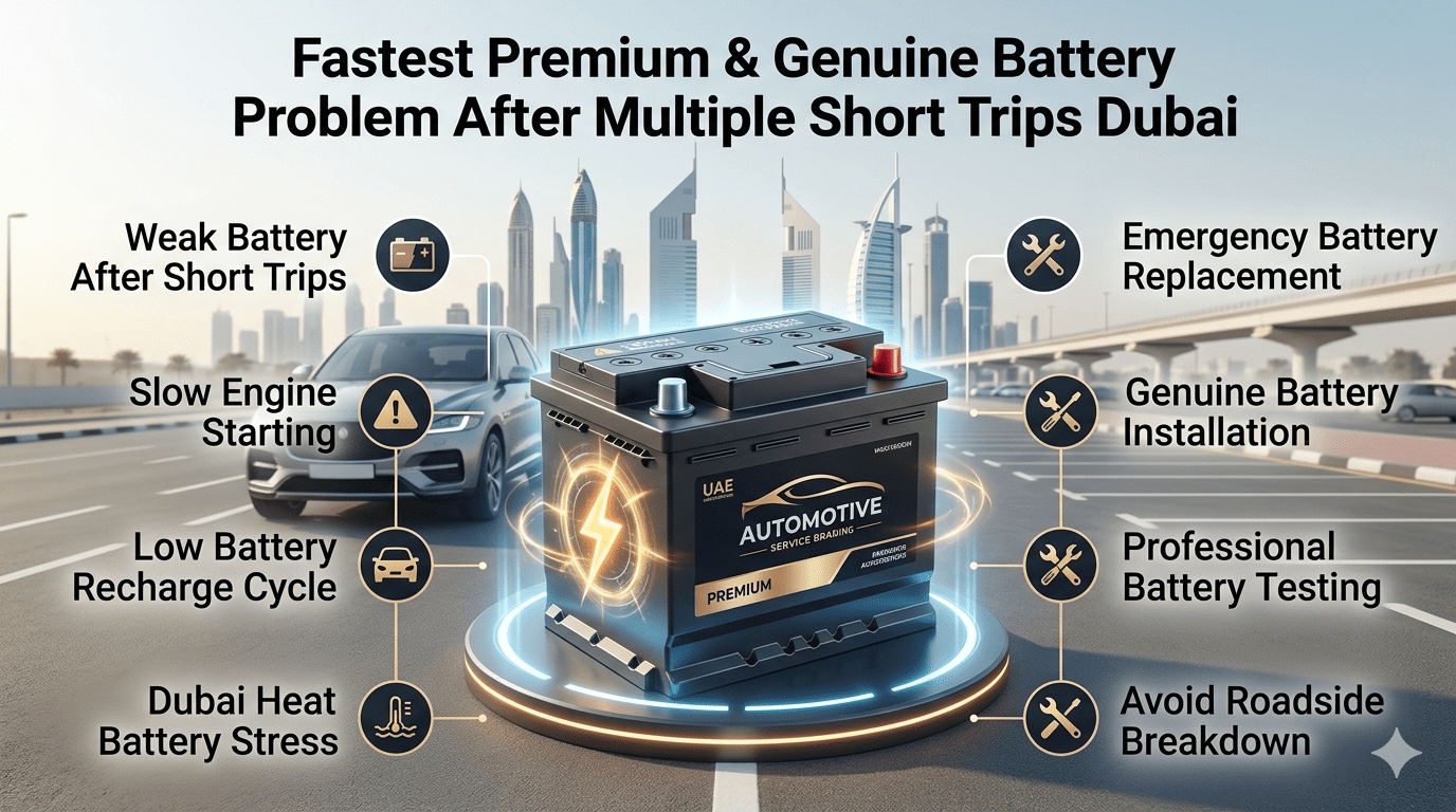 Fastest Premium and Genuine Battery Problem After Multiple Short Trips Dubai showing car battery weakness, short trip battery issues, and professional battery replacement service.