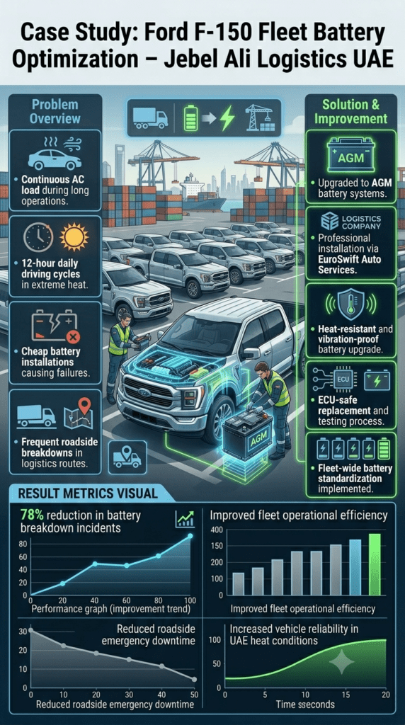 Case Study: Ford F-150 Fleet Battery Upgrade – Jebel Ali UAE Logistics Ford F-150 logistics fleet case study infographic showing battery failure causes, AGM upgrade solution, and 78% improvement in performance at Jebel Ali Dubai industrial area.