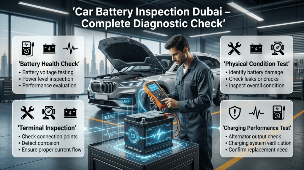 Car battery inspection Dubai infographic showing voltage testing, terminal checking, corrosion inspection, physical damage detection, and charging performance analysis.