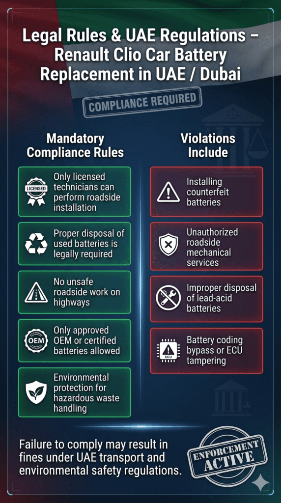 Infographic showing legal rules and UAE regulations for Renault Clio car battery replacement including compliance requirements and violations.