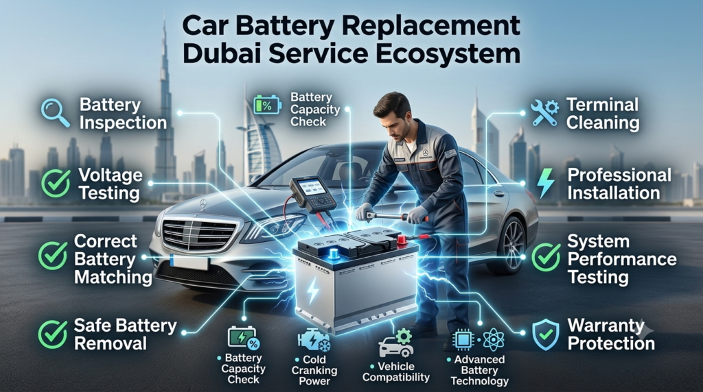 Car Battery Replacement Dubai Service Ecosystem infographic showing battery inspection, voltage testing, safe installation, warranty protection, and professional automotive service steps.