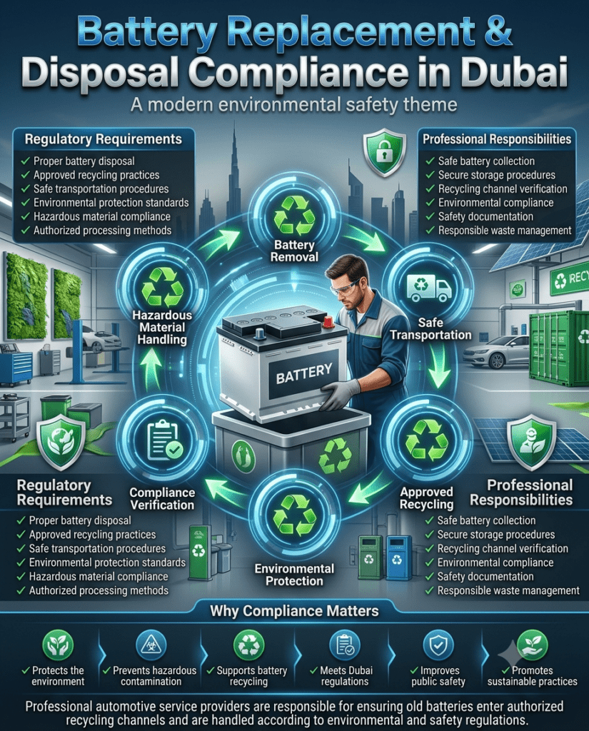Premium automotive compliance infographic showing safe battery replacement and environmentally responsible battery disposal in Dubai. A professional technician handles a vehicle battery while recycling, transportation, environmental protection, and hazardous material management processes are illustrated around the central battery.