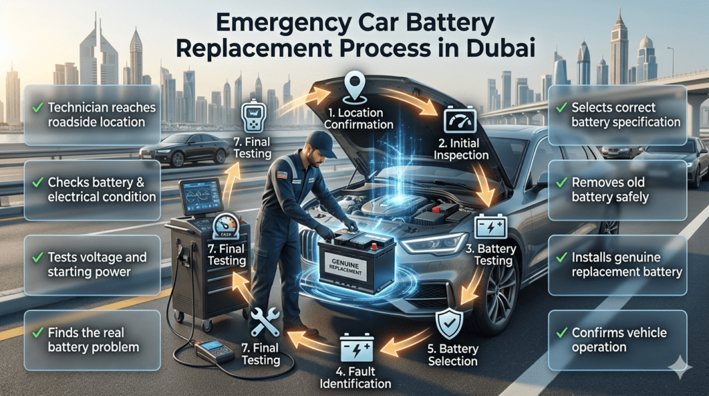 Emergency car battery replacement process Dubai showing technician inspection, battery testing, installation, and vehicle power restoration.