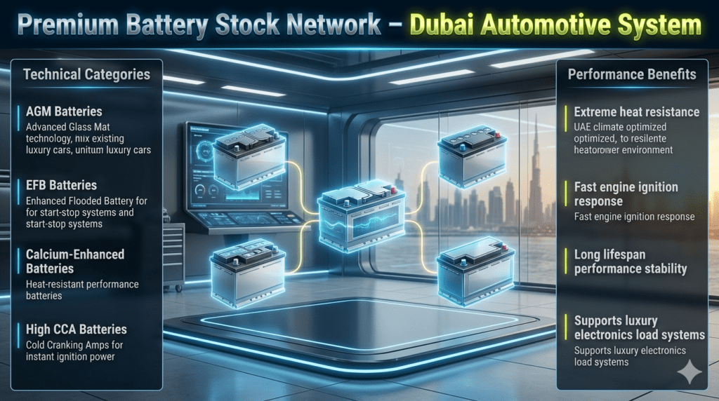 Futuristic automotive infographic showing premium car battery types including AGM, EFB, calcium-enhanced, and high CCA batteries in a luxury Dubai service environment.