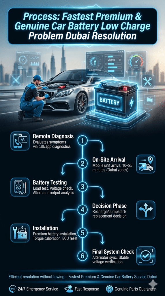 Step-by-Step Process for Car Battery Low Charge Resolution in Dubai Infographic showing step-by-step process of car battery low charge problem resolution in Dubai including diagnosis, arrival, testing, decision, installation, and final system check.
