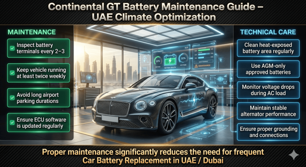Luxury automotive maintenance infographic showing Bentley Continental GT battery care checklist with UAE heat considerations and futuristic workshop UI design.